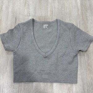Gray Ribbed V-Neck Crop Top